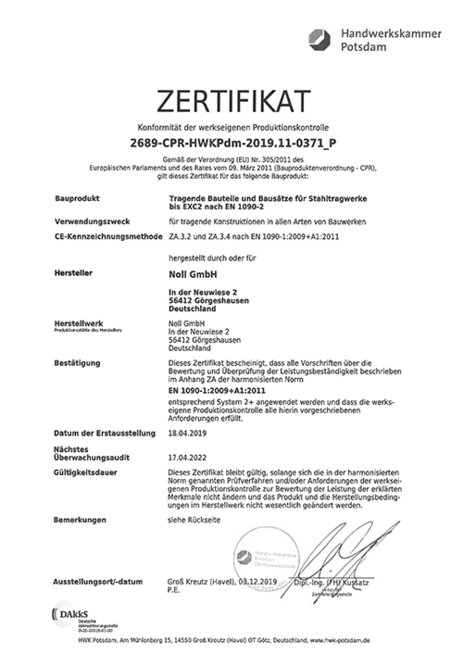 Zertifikat für die Konformität der werkseigenen Produktionskontrolle
