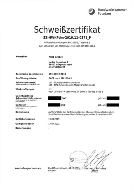 Schweißzertifikat nach EN 1090-2