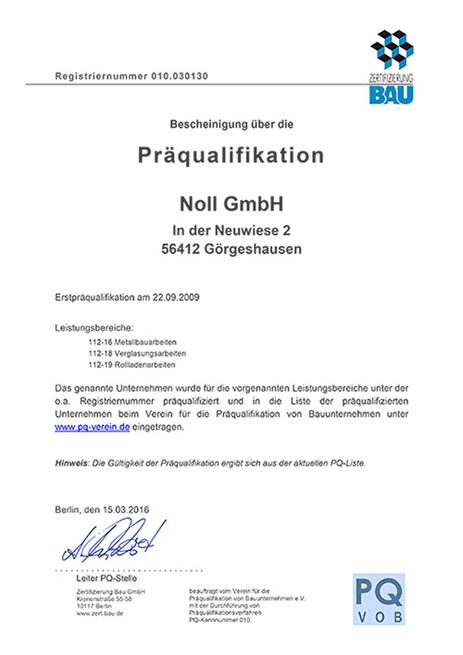 Zertifikat Präqualifizierung PQ VOB